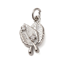 Платина Латунные микропаве прозрачные подвески с фианитом, лист, с целью перехода в кольце, долговечный, без кадмия и без свинца, стойки покрытие, платина, 16x10x3.5 мм, отверстие : 3 мм