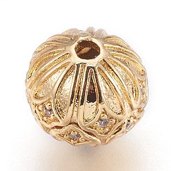 Golden Brass Cubic Zirconia Beads, Round, Clear, Golden, 10x9.5mm, Hole: 1mm