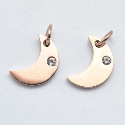 Розовый Позолоченный 316 хирургические подвески из нержавеющей стали, с кубического циркония, луна, прозрачные, Настоящее розовое золото покрыто, 12x9x2 мм, отверстие : 3 мм