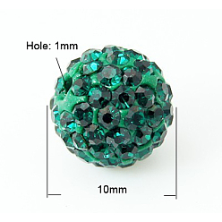 Emerald Pave Disco Ball Beads, Polymer Clay Rhinestone Beads, Grade A, Emerald, 10mm, Hole: 1mm