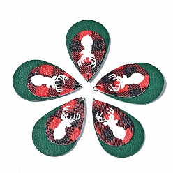 Морско-зеленый Рождественские темы из искусственной кожи большие подвески, с платиновым железным прыжковым кольцом, слеза, с рождественским оленем/оленем, цвета морской волны, 56.5x37x3 мм, отверстие : 5 мм