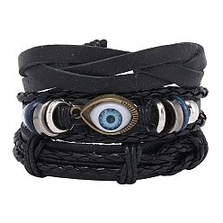 Black 3Pcs 3 Style Adjustable Braided Imitation Leather Cord Bracelet Sets, Alloy Evil Eye & Wood Beaded Stackable Bracelets with Waxed Cord for Men, Black, Inner Diameter: 2-1/8~3-1/8 inch(5.5~80cm), 1Pc/style