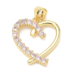 Pink Brass Micro Pave Cubic Zirconia Pendants, Heart Charms, Lead Free & Cadmium Free, Long-Lasting Plated, Rack Plating,Real 18K Gold Plated, Pink, 19x18x3mm, Hole: 5x3.5mm
