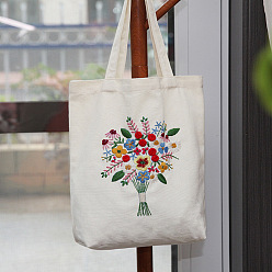 White DIY Flower Bouquet Pattern Tote Bag Embroidery Kit, including Embroidery Needles & Thread, Cotton Fabric, Plastic Embroidery Hoop, White, 390x340mm