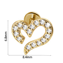 Сердце 304 серьги из прозрачного циркониевого хряща из нержавеющей стали с микропаве, золотые, сердце, 10 мм, штифты : 1.2 мм