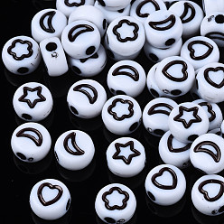 White Opaque Acrylic Beads, Flat Round with Moon or Star or Heart, White, 7x4mm, Hole: 1.8mm, about 3677pcs/500g