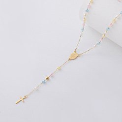 Colorful Vintage Imitation Pearl Rosary Bead Necklaces, 304 Stainless Steel Religion Cross Virgin Pendant Necklaces for Women, Golden, Colorful, 23.23 inch(59cm)