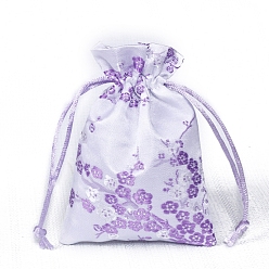 Dark Violet Chinese Style Rectangle Satin Cloth Flower Printed Drawstring Gift Bags, Storage Bags, Dark Violet, 12x9cm