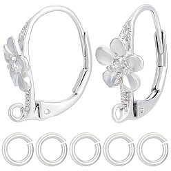 Платинированный 20 шт. латунные серьги с рычагом, цветок, с петлями и открытыми кольцами для прыжков 20шт., Реальная платина, 17x8 мм, отверстие : 1.5 мм