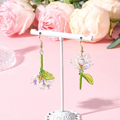 Weiß 304 Stahl Blume baumeln Ohrringe Edelstahl, mit facettierter Bikonus-Glasperle & Einbrennlack, perlmuttfarbener Glasperle, runder Perle & Angelschnur, Nylondraht und transparentem Acryl, golden, weiß, 52x22 mm