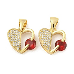 Real 18K Gold Plated Brass Micro Pave Red Cubic Zirconia Pendants, Heart, Real 18K Gold Plated, 14.5x14.5x5mm, Hole: 6x3.5mm