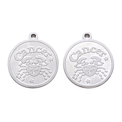 Cancer Non-Tarnish 201 Stainless Steel Pendants, Flat Round with Twelve Constellation, Laser Cut, Stainless Steel Color, Cancer, 25x22x1.5mm, Hole: 2mm