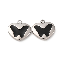 Нержавеющая Сталь Цвет 304 из нержавеющей стали шармы эмали, сердце с подвесками в виде бабочек, цвет нержавеющей стали, 14x15x3 мм, отверстие : 2 мм