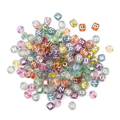 Gemischte Farbe 407pcs 3 style transparente Acrylperlen, mit Glitzerpulver, Metall umschlungen, horizontales Loch, gemischte Formen mit Buchstaben, Gemischte Farbe, 6x6x6 mm, Bohrung: 3 mm, 20g, ca. 123 Stk.
