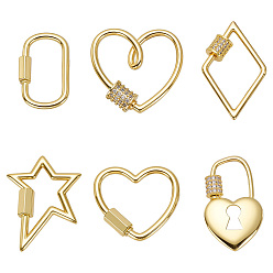 Настоящее золото 18K 6 шт 6 стили латунный винт-карабин подвески с замком, для изготовления ожерелий, быстрые ссылки, разнообразные, реальный 18 k позолоченный, 21.5~30.5x16~27x1.5~4 мм, 1 шт / стиль