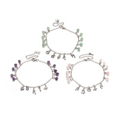 Mixed Stone Round Gemstone Beaded Charm Anklets, with 304 Stainless Steel Chains and Lobster Clasps, Mixed Color, 230mm