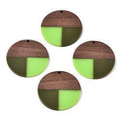 Lawn Green Resin & Walnut Wood Pendants, Flat Round, Lawn Green, 38x3mm, Hole: 2mm
