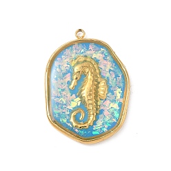 Темно-Голубой 304 подвески из нержавеющей стали, эпоксидной смолы, с натуральными ракушками и пайетками внутри, овал с подвесками в виде морского конька, реальный 18 k позолоченный, вакуумное покрытие pvd, глубокое синее небо, 28x20x3.5 мм, отверстие : 1.6 мм