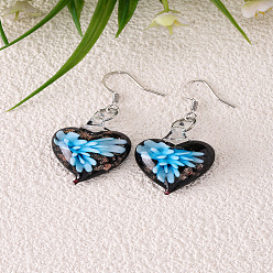 Deep Sky Blue Handmade Lampwork Dangle Earrings, Heart, Alloy Dangle Earrings for Women, Platinum, Deep Sky Blue, 20mm