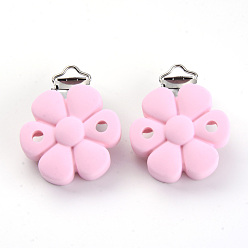 Pink Пищевые экологически чистые силиконовые зажимы для детской соски, с 304 зажимами из нержавеющей стали, цветок, цвет нержавеющей стали, розовые, 52x40x23 мм, отверстия : 4x12.5 mm и 5 мм