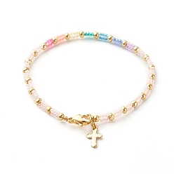 Pink Glass Seed Beaded Bracelet for Girl Women, Bracelet with Tiny Cross Charm, Golden, Pink, 7-1/2 inch(19cm)