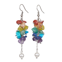 Смешанные камни Серьги-кластеры из натуральных смешанных драгоценных камней, Серьги с подвесками из ракушечного жемчуга и 316 шпильками из хирургической нержавеющей стали, 67~68x15~18 мм