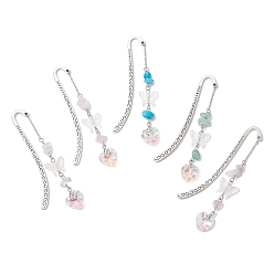 Смешанные камни Закладки-крючки из сплава в тибетском стиле, закладки в форме сердца бабочки из акрила, натурального розового кварца, красного авантюрина, аметиста, кварцевого кристалла и синтетической бирюзы, 84x14x1.5 мм