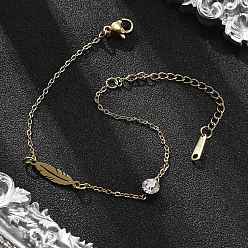 Перо 201 трос из нержавеющей стали цепи браслеты, 201 браслеты из нержавеющей стали ссылка для женщин, со стразами, реальный 18 k позолоченный, перо, 6-3/4 дюйм (17.1 см)