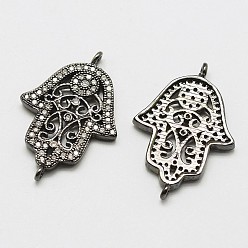 Черный Цвет Металла Латунные микро проложить кубических ссылки циркония, hamsa рука / рука fatima / рука miriam, без кадмия и без свинца и без никеля, металлический черный , 26.2x17.5x2.1 мм, отверстие : 1 мм