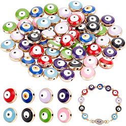 Couleur Mélangete 64pcs 8 perles d'émail en alliage de couleurs, or, mauvais œil, couleur mixte, 10x5mm, Trou: 1mm, 8 pcs / couleur