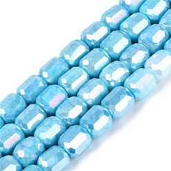 Deep Sky Blue Anti-Tarnish Electroplate Glass Beads Strands, Column, Imitation Gemstone, Dyed, Faceted, Deep Sky Blue, 8.5~9x7.5~8.5mm, Hole: 1~1.2mm, about 39~40pcs/strand, 13.78~14.17 inch(35~36cm)