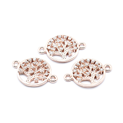 Rose Gold Brass Micro Pave Cubic Zirconia Links, Clear, Flat Round with Tree of Life, Rose Gold, 12.5x18x2mm, Hole: 1mm
