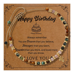 Смешанные камни Браслеты с подвесками в виде латунных крестиков на день рождения, Регулируемые браслеты из натуральных круглых бусин с драгоценными камнями для мужчин, золотые, с открытки, 11.02 дюйм (28 см)