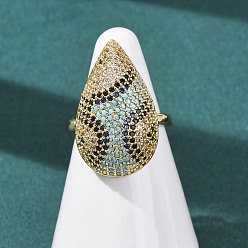 Teardrop Латунные микропаве кубические цирконии манжеты открытые кольца для женщин, стойки покрытие, долговечный, без свинца и без кадмия, реальный 18 k позолоченный, слеза, 26 мм, внутренний диаметр: 17 мм