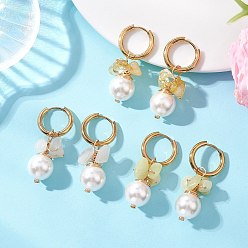 Золотой 3 пары круглых 202 сережек-колец из нержавеющей стали, с раковинами, натуральным многоцветным турмалином и натуральным розовым кварцем., золотые, золотые, 40x12~16 мм