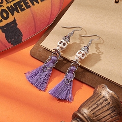 Purple Synthetic Turquoise Skull Dangle Earrings, 316 Surgical Stainless Steel Tassel Earrings for Halloween, Purple, 77~79mm, Pin: 0.7mm