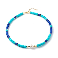 Dark Turquoise Polymer Clay Beaded Necklaces, with Shell Pearl and Brass Spacer Beads, Dark Turquoise, 16.93 inch(43cm)