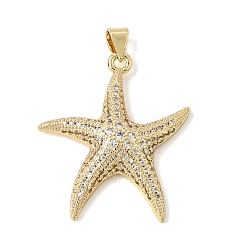 Clear Brass Micro Pave Cubic Zirconia Pendants, Starfish Charms, Rack Plating, Long-Lasting Plated, Cadmium Free & Lead Free, Real 18K Gold Plated, Clear, 29x26x5mm, Hole: 5x3.5mm