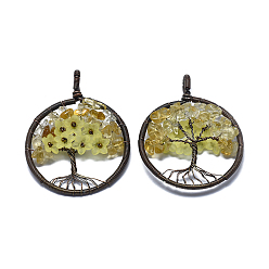 Citrine Natural Citrine Pendants, with Acrylic and Brass Findings, Flat Round with Tree of Life, 59x47~47.5x9.5~10mm, Hole: 4mm