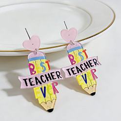 Pencil Teachers' Day Printed Acrylic Stud Dangle Earrings for Women, Pencil with Word Teacher, 79x22mm