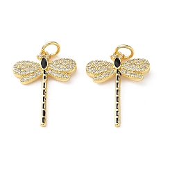 Black Brass Micro Pave Clear Cubic Zirconia Pendants, with Enamel, Dragonfly Charms, Cadmium Free & Lead Free, Rack Plating, Long-Lasting Plated, Real 18K Gold Plated, Black, 21x16x2mm, Hole: 3.5mm