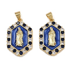 Настоящее золото 18K Латунные микро проложить кубического циркония подвески, шестиугольник с Девой Марией, с эмалью, стойки покрытие, долговечный, без кадмия и без свинца, реальный 18 k позолоченный, 25x17x4.5 мм, отверстие : 4x3.5 мм