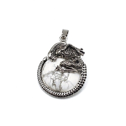 Howlite Natural Howlite Pendants, with Antique Silver Alloy Finding, Flat Round with Skull Charms, 40x35mm