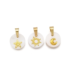 Плоский Круглый 3 шт 3 стили натуральные пресноводные ракушки геометрические подвески, с золотистыми латунными пластинами в виде луны, солнца, звезд и 304 защелкивающимися дужками из нержавеющей стали, белые, плоско-круглые, 12~12.5x2~2.5 мм, отверстие : 5x3.5 мм, 1 шт / стиль