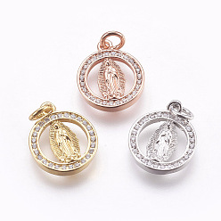 (52) Непрозрачная лаванда Латунные микро проложить кубического циркония подвески, леди гваделупской чары, без свинца и без кадмия, плоские круглые с Девой Марией, разноцветные, 15.5x13x2 мм, отверстие : 3 мм
