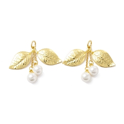 Настоящее золото 18K Стойки обшивки латунные подвески, долговечный, с имитацией жемчужные бусины акриловые, без кадмия, без никеля и без свинца, лист с плодами, реальный 18 k позолоченный, 25x32x3 мм, отверстие : 3 мм, Перейти кольцо: 5x0.8 мм, 3.5 мм внутренним диаметром