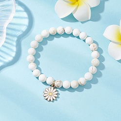 Магнезит Браслеты с подвесками из сплава с эмалью в виде ромашки, Браслеты из натуральных круглых бусин магнезита для женщин, внутренний диаметр: 2-1/4 дюйм (5.85 см)