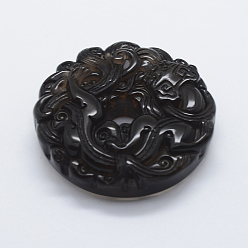 Obsidian Carved Natural Obsidian Pendants, Flat Round, 45x11mm, Hole: 1.5mm