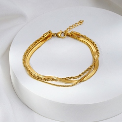 Настоящее золото 18K Стильные трехслойные браслеты из нержавеющей стали, браслеты с цепочками в виде елочки, веревки и змейки для женщин, реальный 18 k позолоченный, 6-3/4 дюйм (17 см)