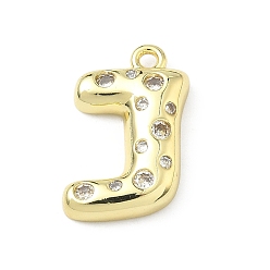 Letter J Латунные микропаве прозрачные подвески с фианитом, без кадмия и без свинца, долговечный, стойки покрытие, реальный 18 k позолоченный, буква J, 21x16x5 мм, отверстие : 1.8 мм